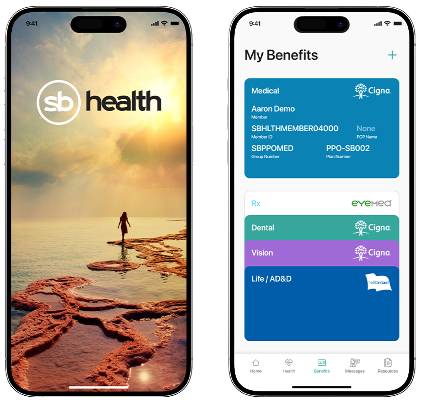 two sb health app screen images as the app screen examples