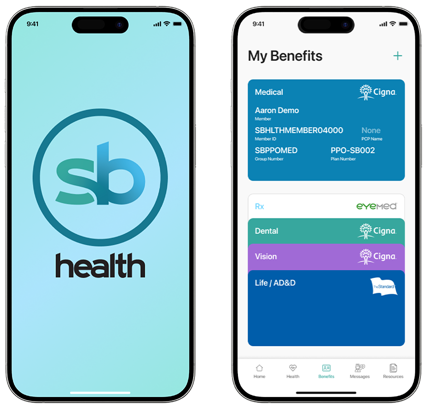 Two sb health app screen images show as examples of the app screens